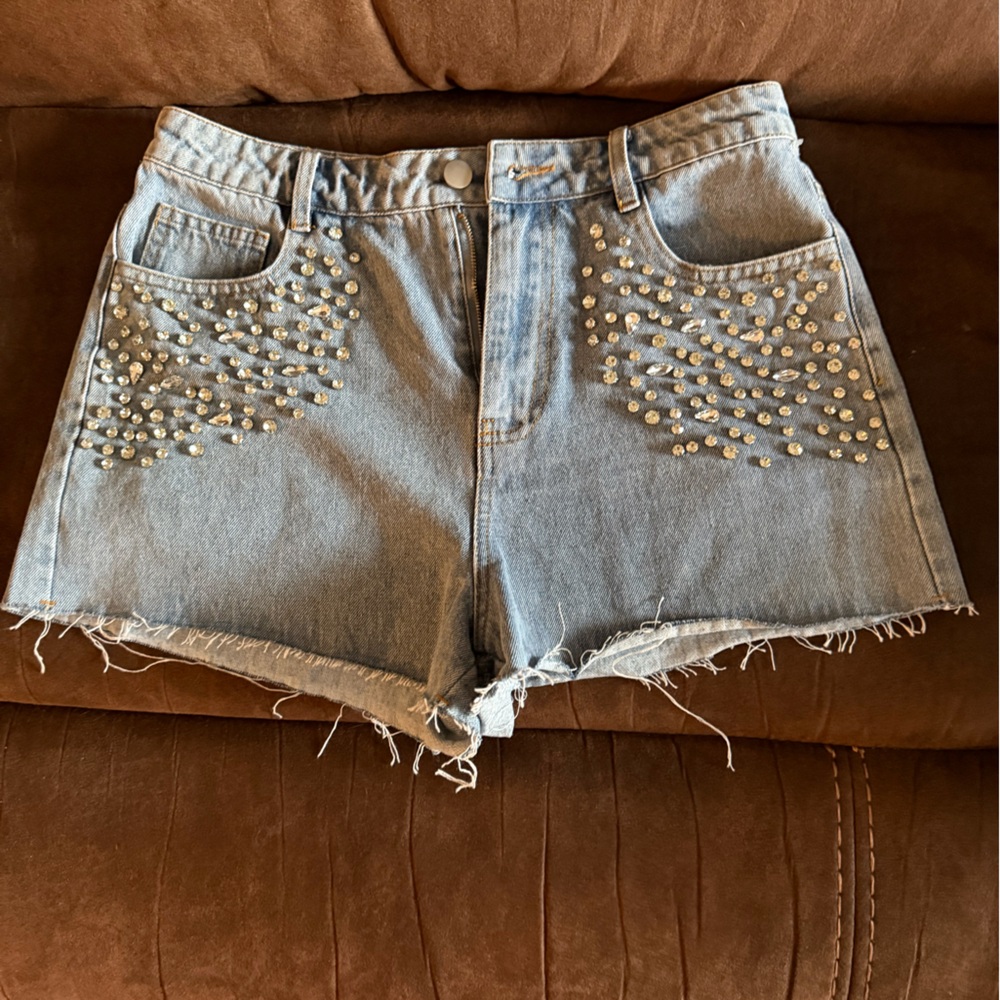 Studded Light Blue Denim Jean Shorts